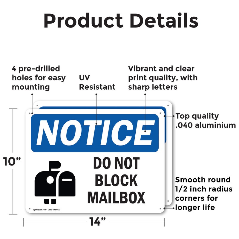 (2 Pack) Do Not Block Mailbox OSHA Notice Sign Decal Metal Plastic gallery