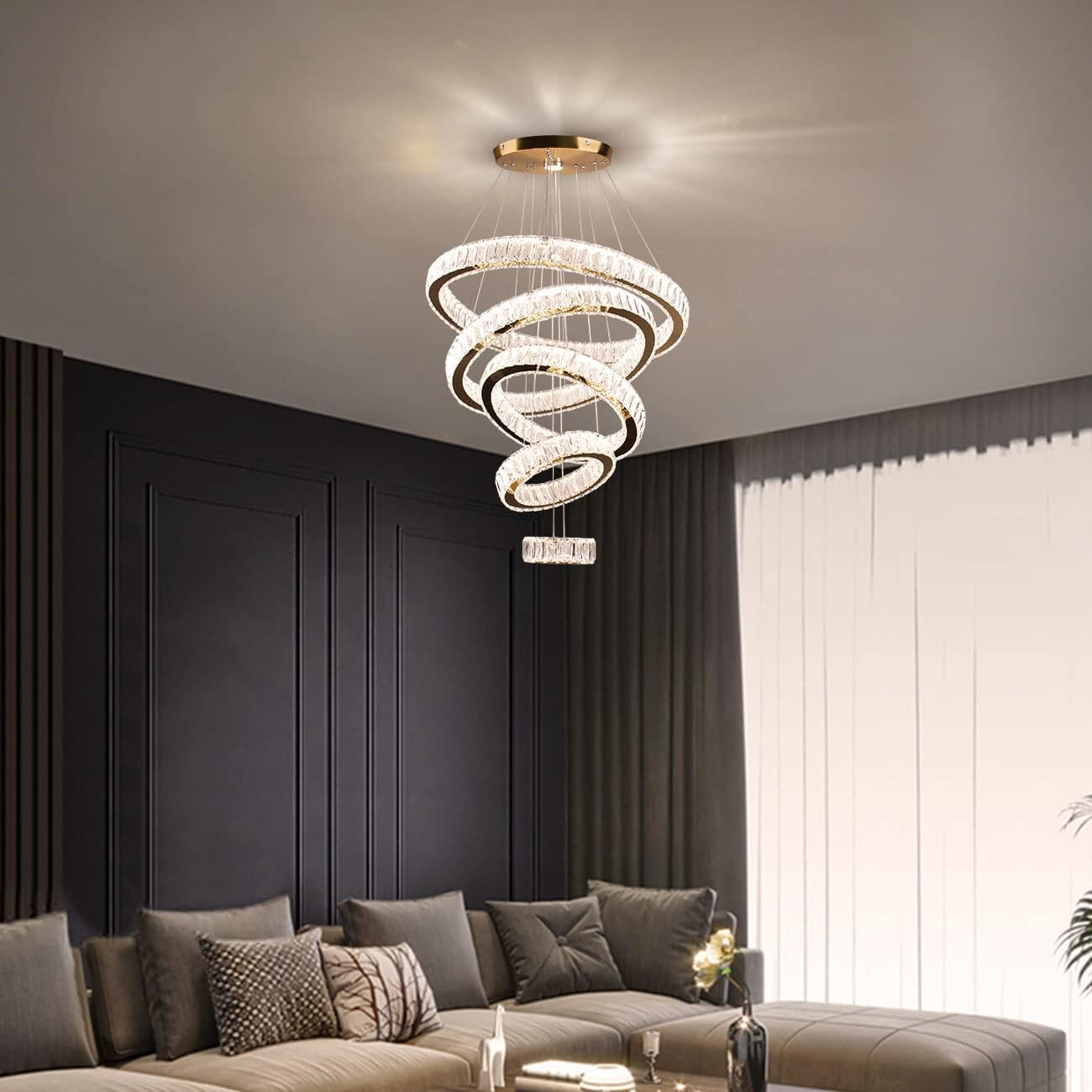 Stunning Multicolor LED Crystal Chandelier - 5 Ring Pendant Light for Home gallery