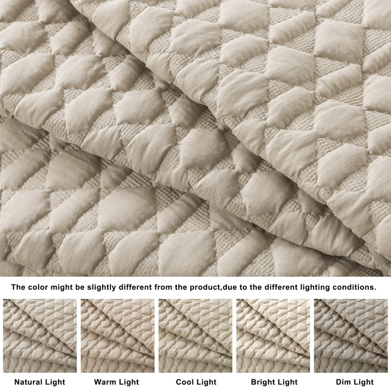 Beige Quilt Queen Size Bedding Sets with Pillow Shams, Lightweight Soft Bedsp... gallery