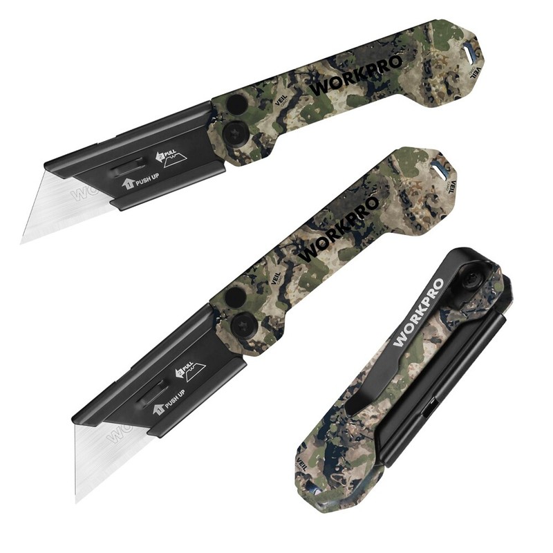 WORKPRO 3 PK Folding Utility Knife Set Axis Lock Box Cutter with Belt Clip Camo gallery