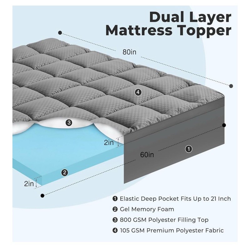 OLANLY Queen Mattress Topper – Viscose Bamboo Cooling Pillow Top, Dark Gray gallery