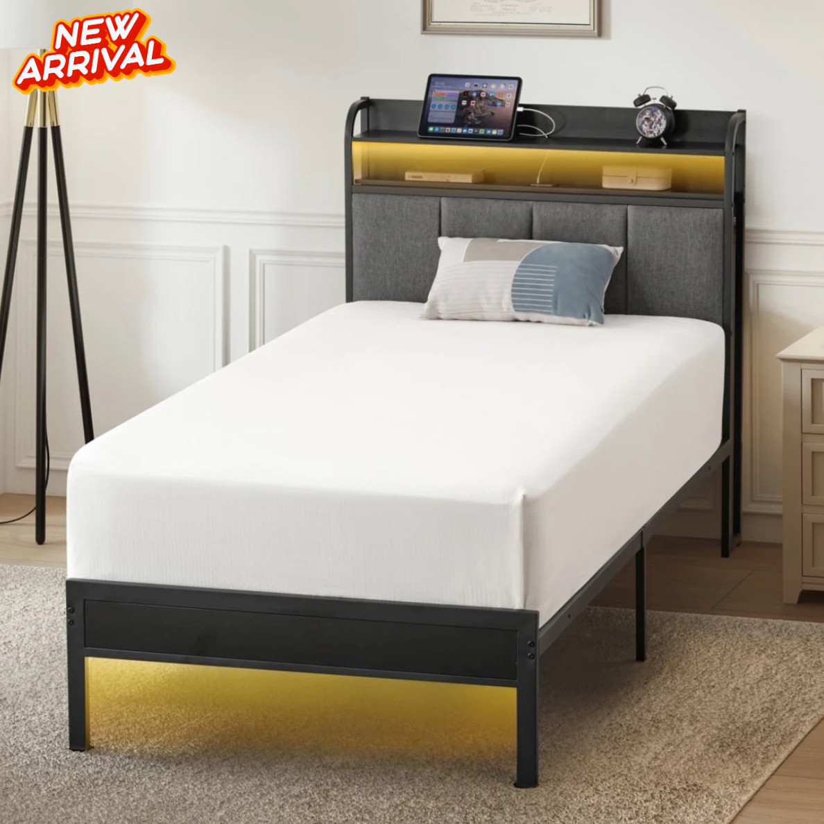 Twin Size Bed Frame LED Toddler Kid Boy Girl Bedroom Cama Para Niño Gray Black gallery