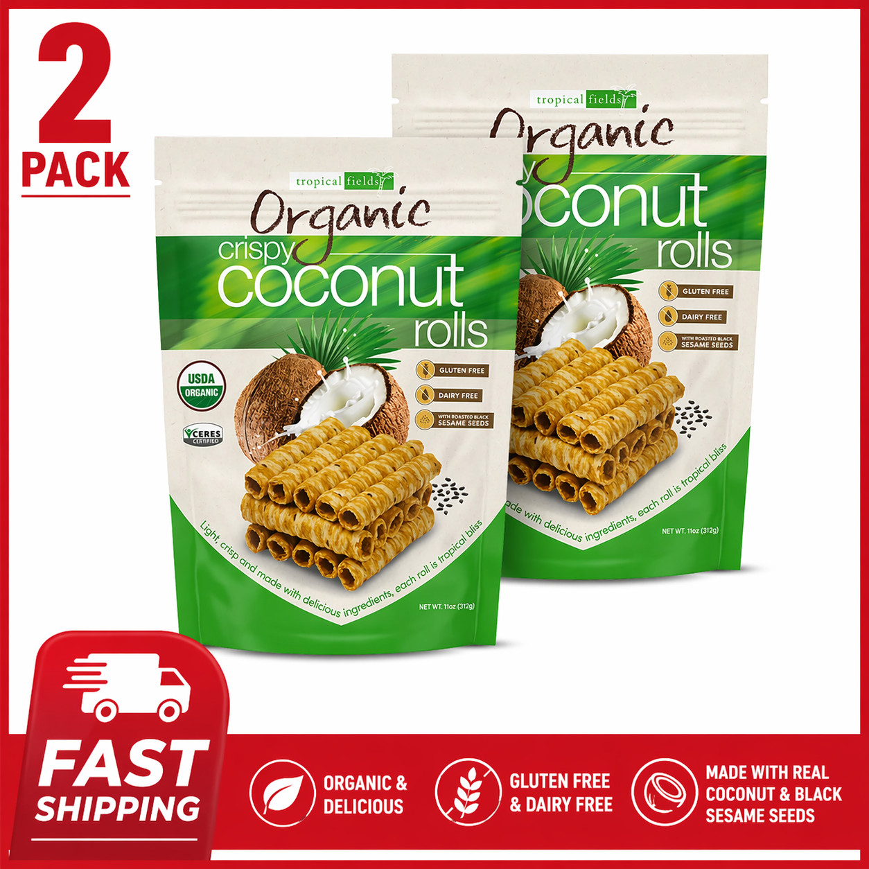 2 PACK Tropical Fields Organic Crispy Coconut Rolls, 11 OZ Each, FREE SHIPPING!! gallery