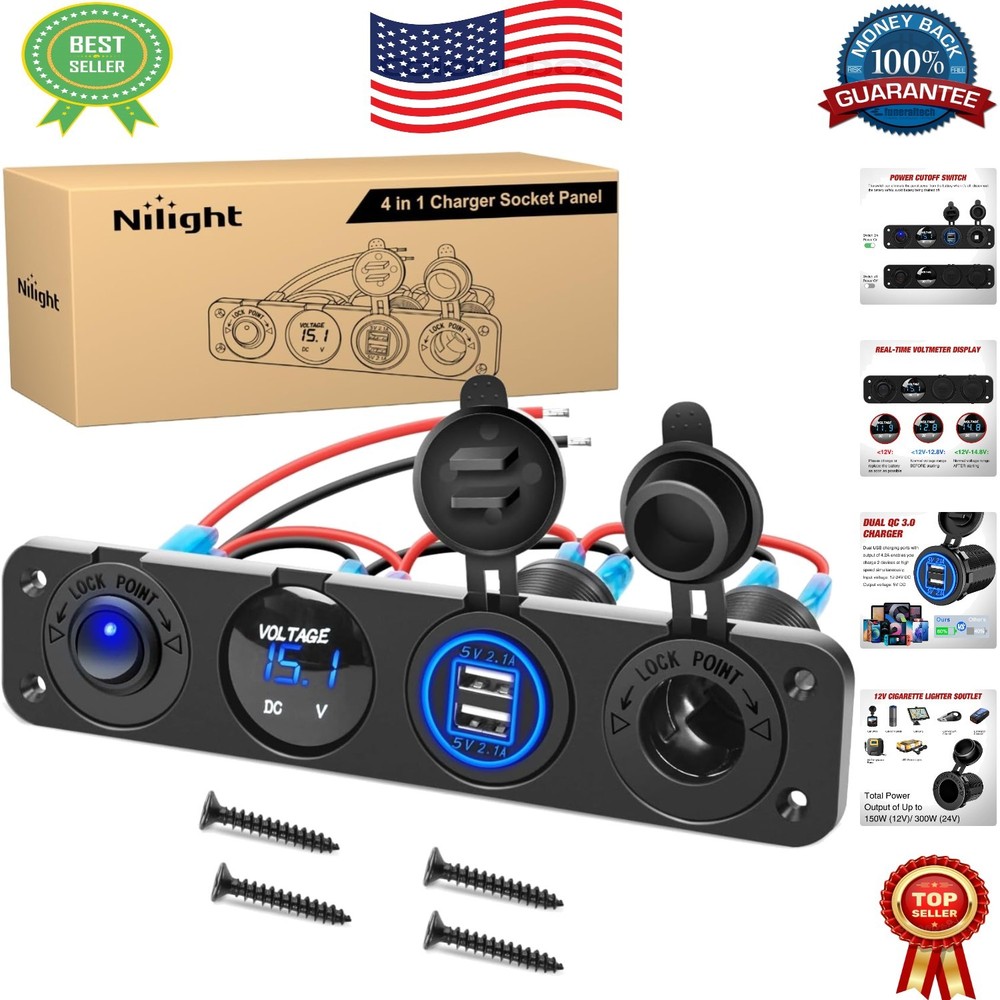 12 Volt Dual USB Switch Panel with Real Time Voltmeter for All Vehicles