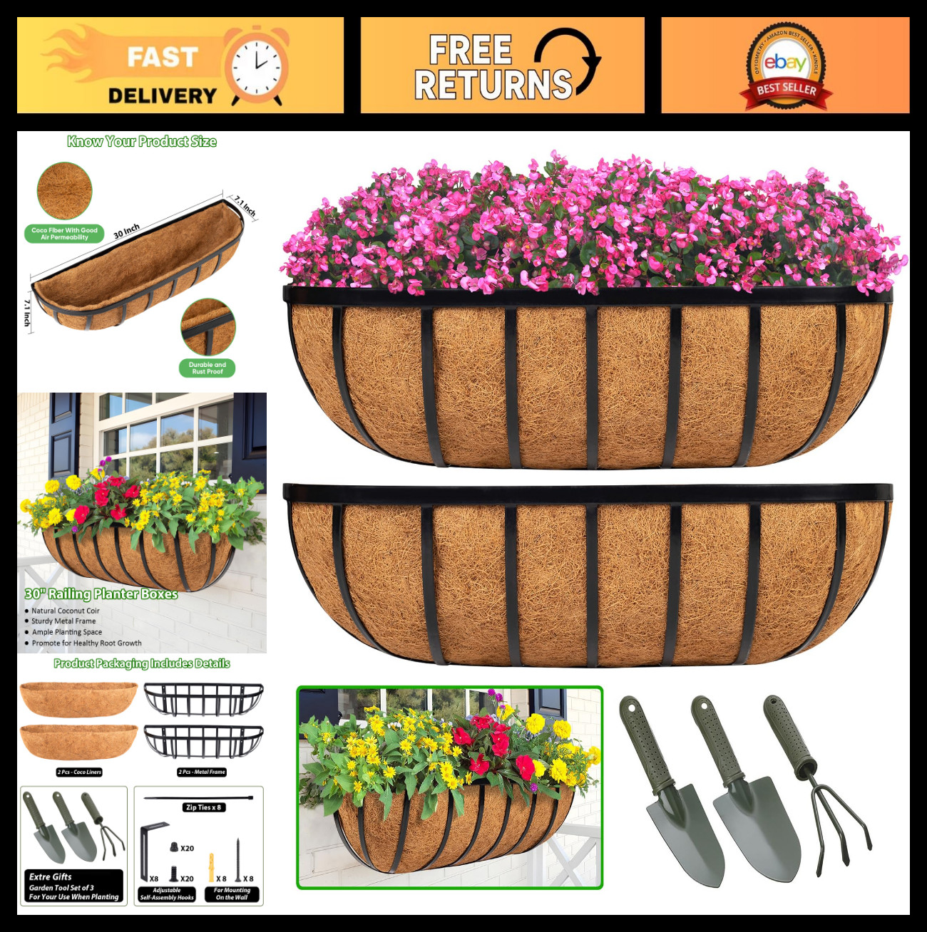 30" Railing Planter Window Box - 2 Pack Metal Hanging Flower Basket for Deck & B gallery