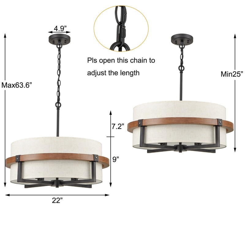 Rustic Drum Chandelier 4-Light Dining Room Chandelier Off-White Fabric Shade gallery