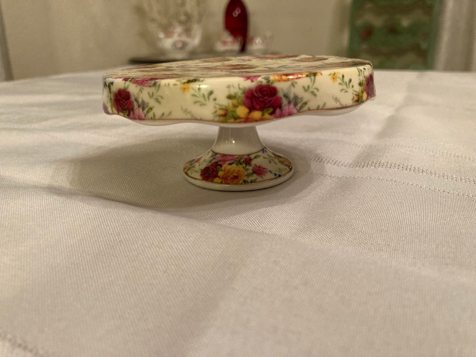 Ceramic Floral Cupcake Stand Yellow/Red/Blue Floral Pattern ~4" Diam 1.6" Tall gallery
