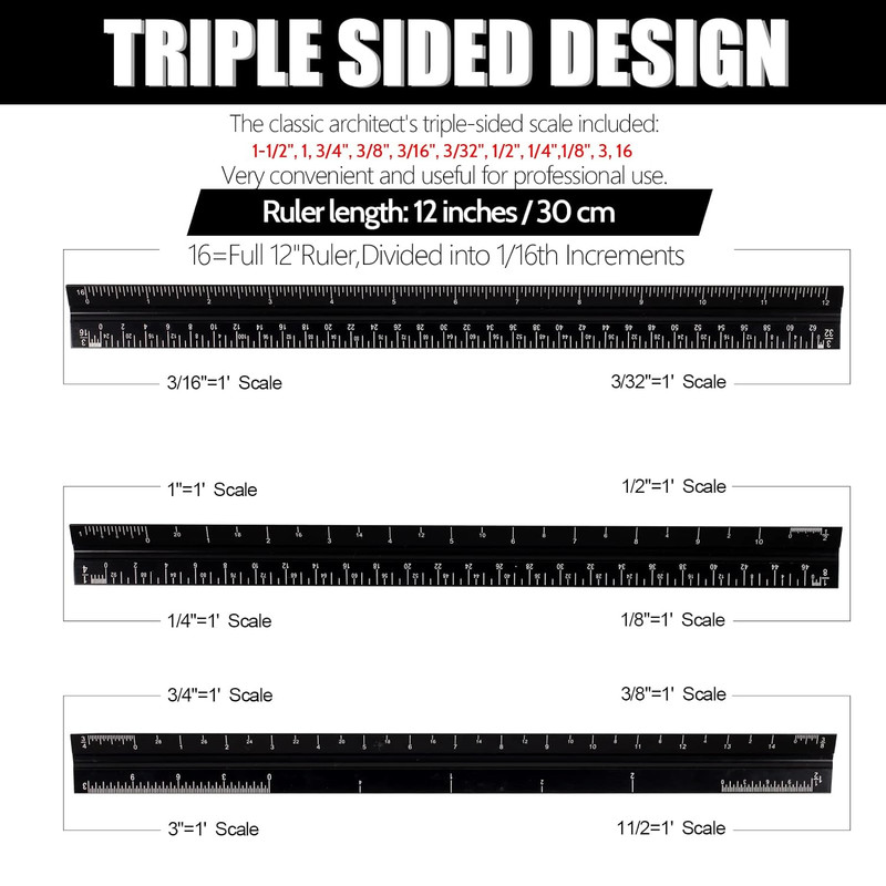 12 Aluminum Triangular Architect Scale Ruler with Laser-Etched Imperial Marks gallery