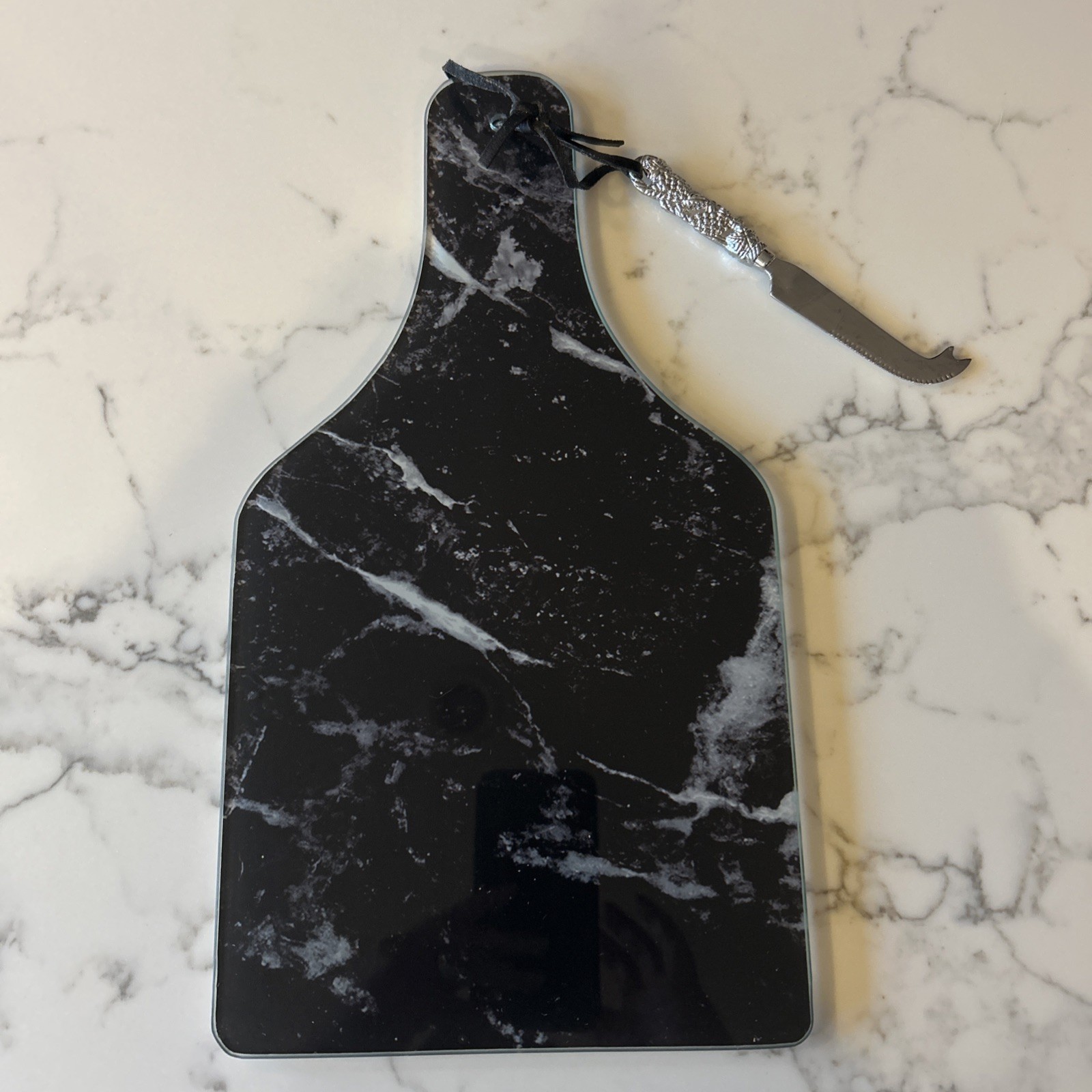 Cheese Board Glass Marbling Black With White And Grey With Cheese Knife. New gallery