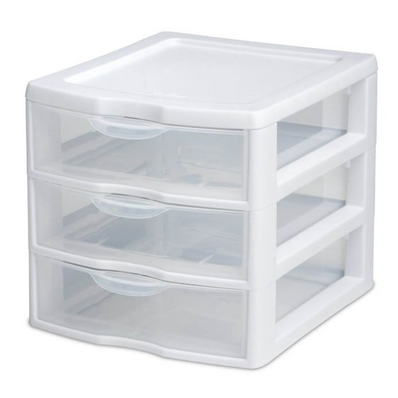 Sterilite Small 3 Drawer Unit, Clear Plastic Countertop or Desktop Drawers,White gallery
