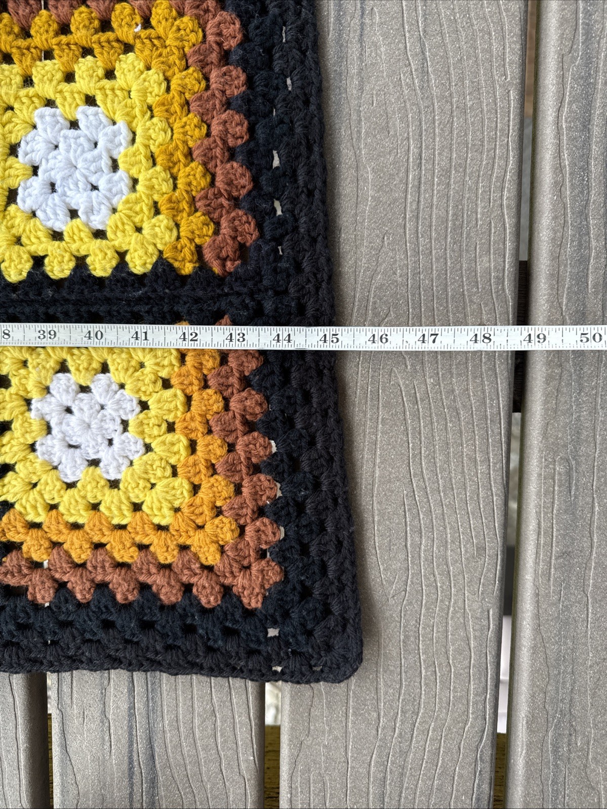 VTG 53x53in Hand-Crocheted Granny Square Afghan Blanket Brown/Yellow/Black/White gallery