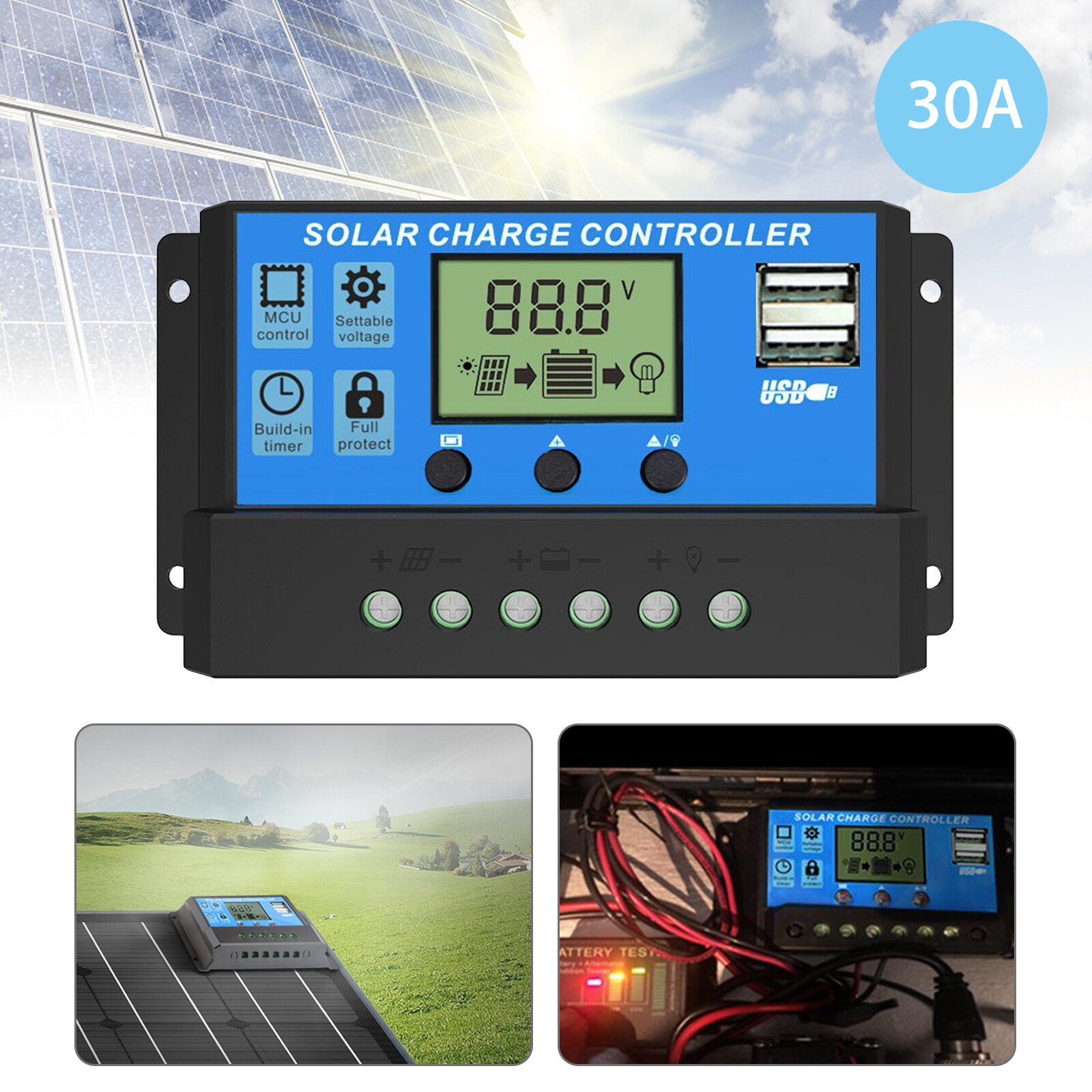 30A Solar Panel Charger Controller PWM Dual USB Charge 12/24V LCD Regulator Auto gallery
