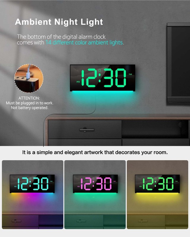 Large 12" Digital Wall Clock with Remote, RGB Color Changing, DST, Night Light f gallery