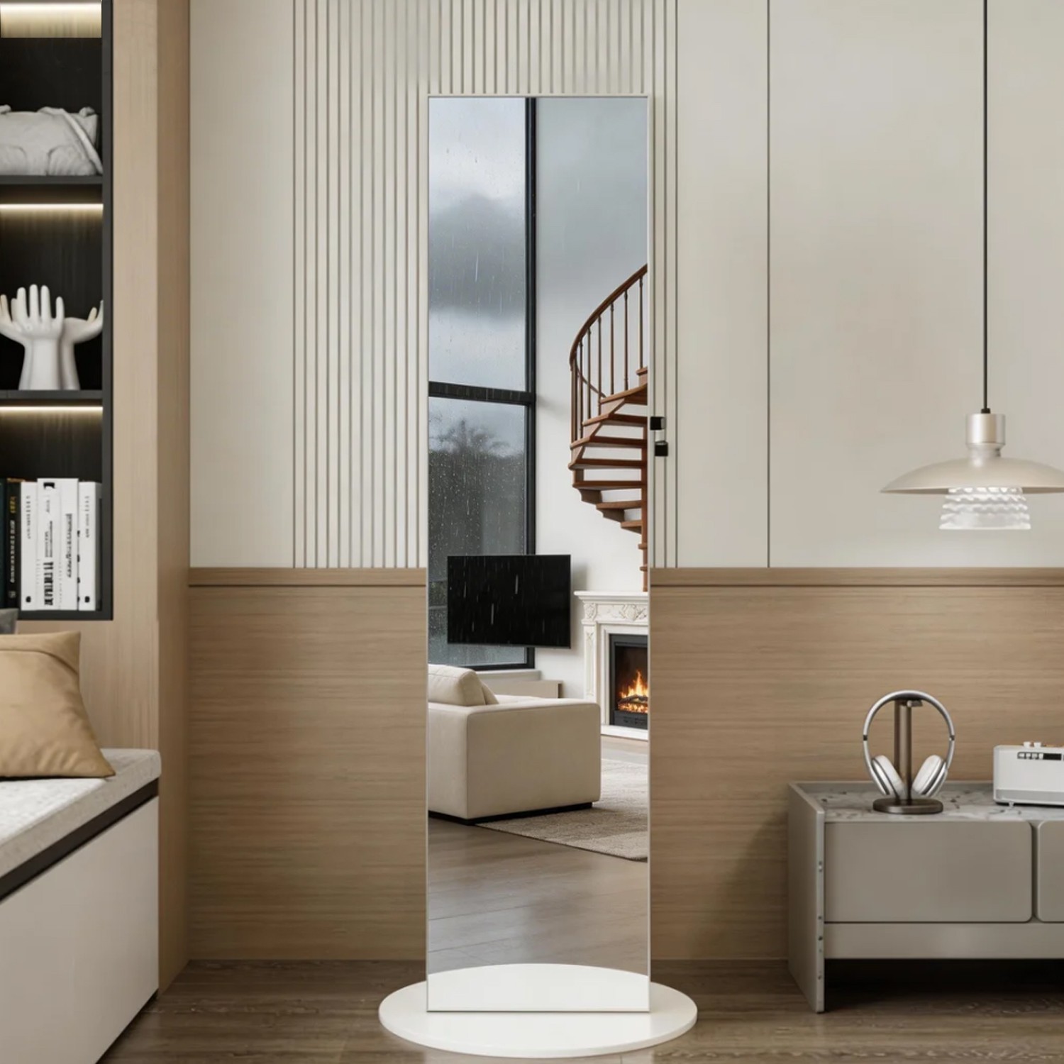High-Quality 360°Swivel Full Length Mirror White Finish Jewelry Display Cabinet gallery