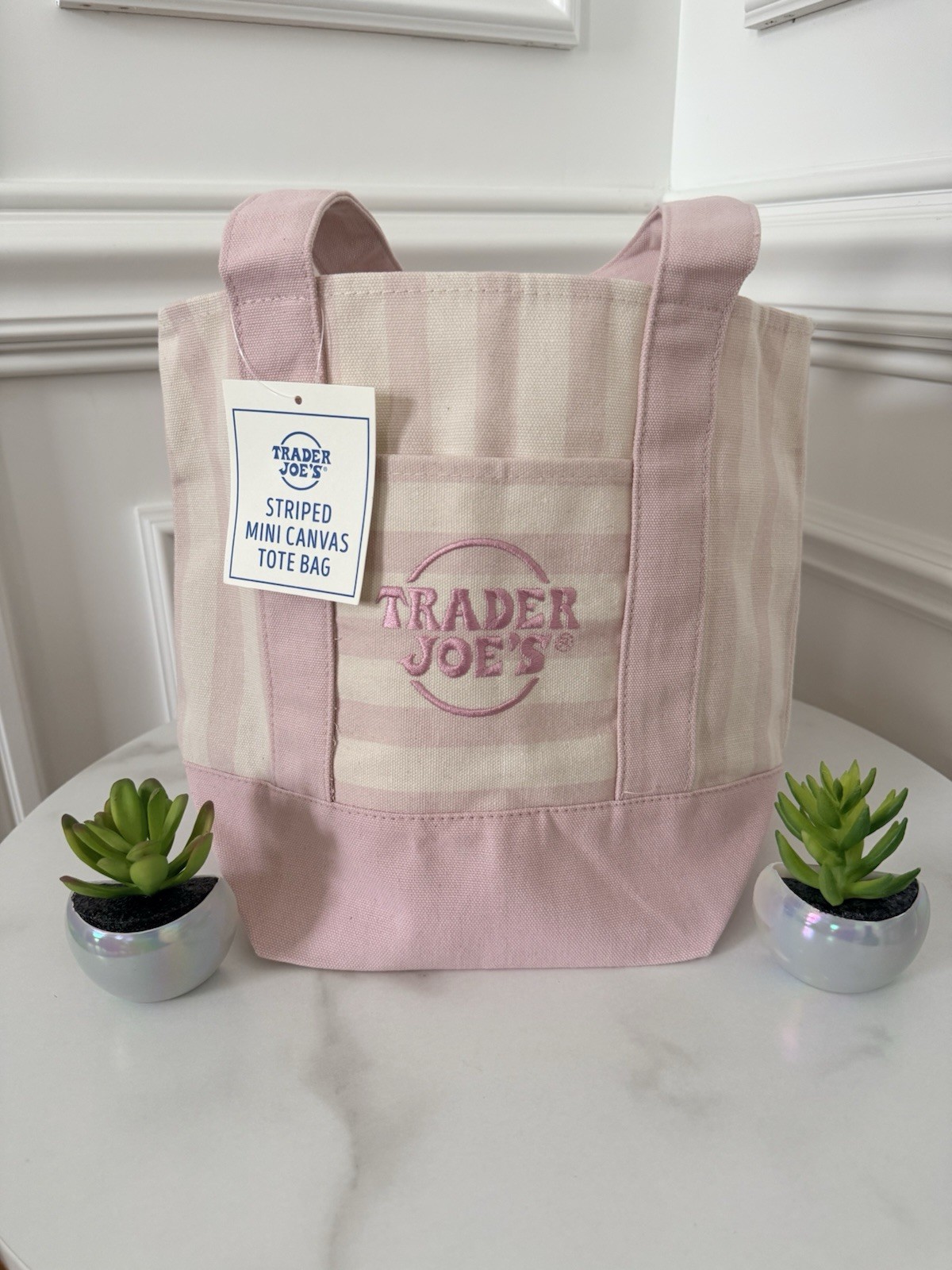 💗 Trader Joe’s Mini Pastel Stripe Canvas Tote Bag Pink & Blue NEW & Ship today gallery