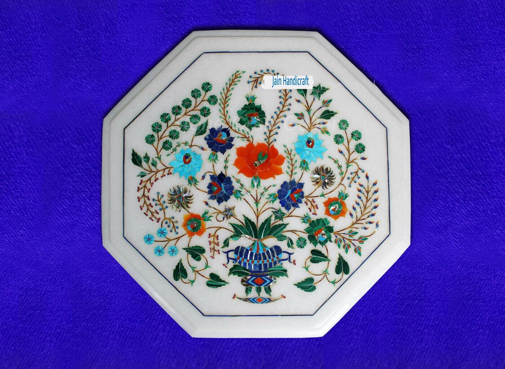 18'' White Marble Table Top Coffee Center Inlay Malachite handmade Lapis v136