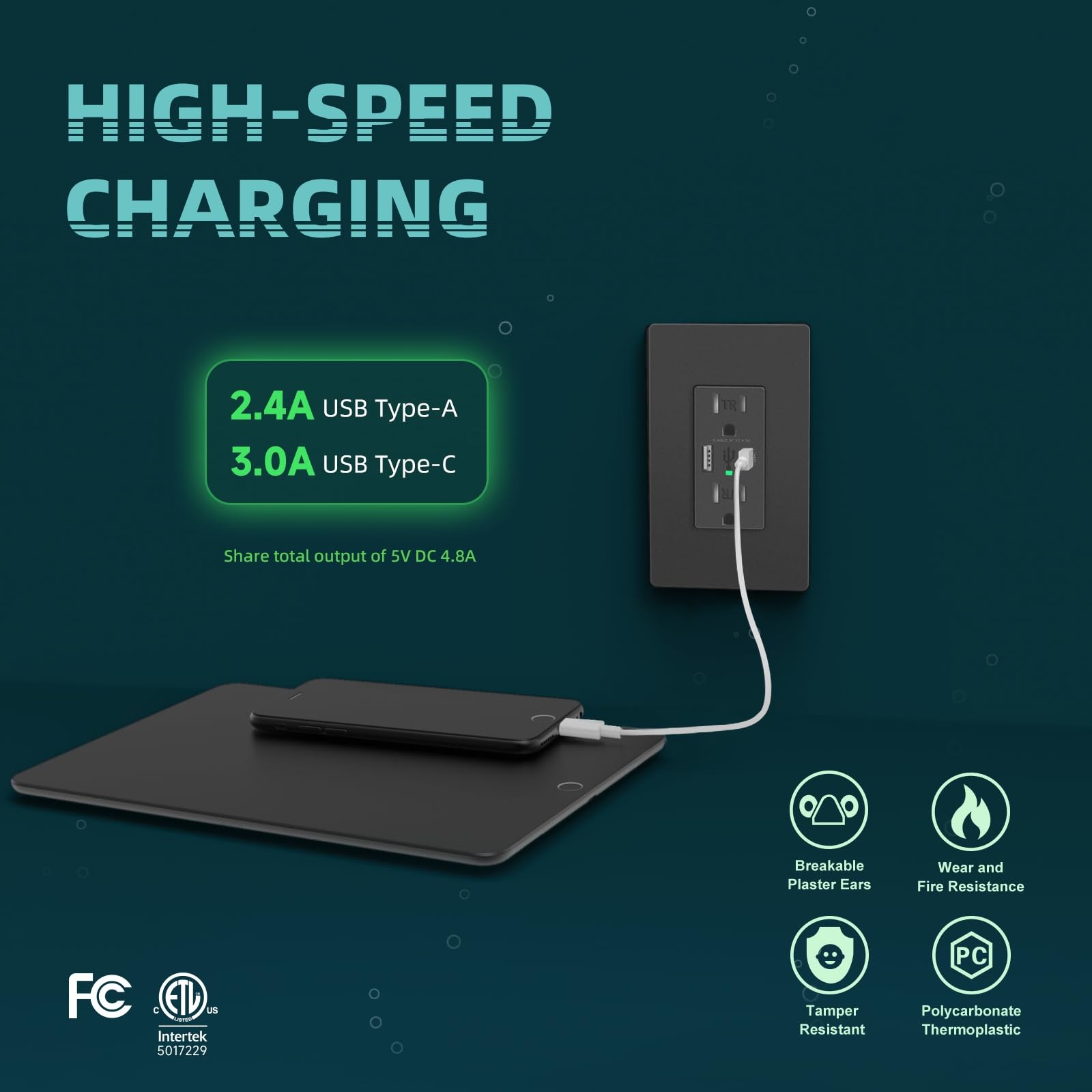 Black USB Wall Outlets, 4.8A USB Wall Receptacle with Type A & Type C Ports, Dup gallery