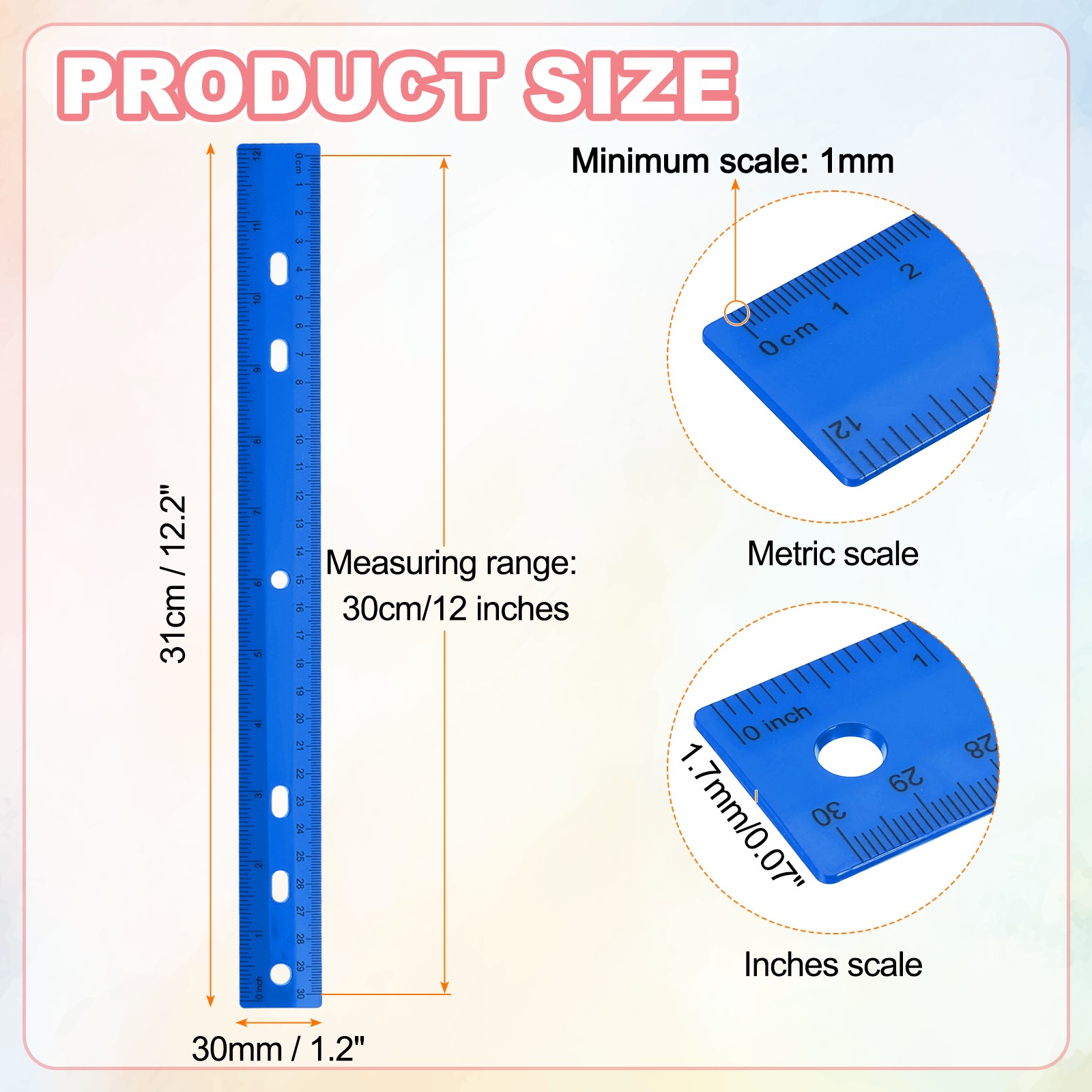 5pcs Plastic Rulers 12" (30cm) Clear Straight Ruler with Hole, Blue gallery