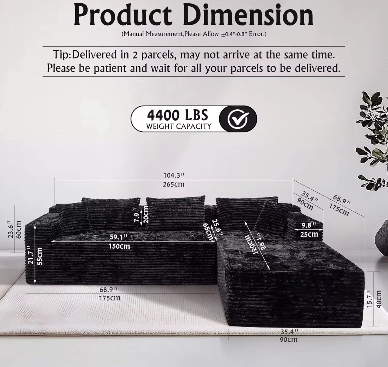 Modern L-Shape Sectional Couch Black Fabric Deep Seat Comfort No Assembly gallery