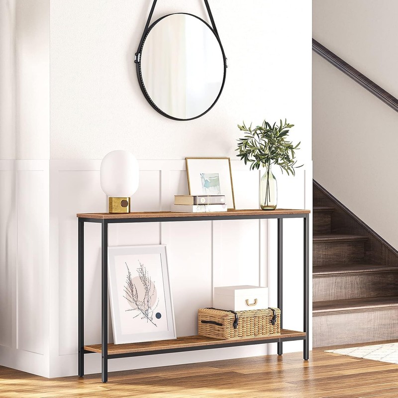 Narrow Console Table 47.2" Rustic Brown Black Metal Frame Entryway Sofa gallery