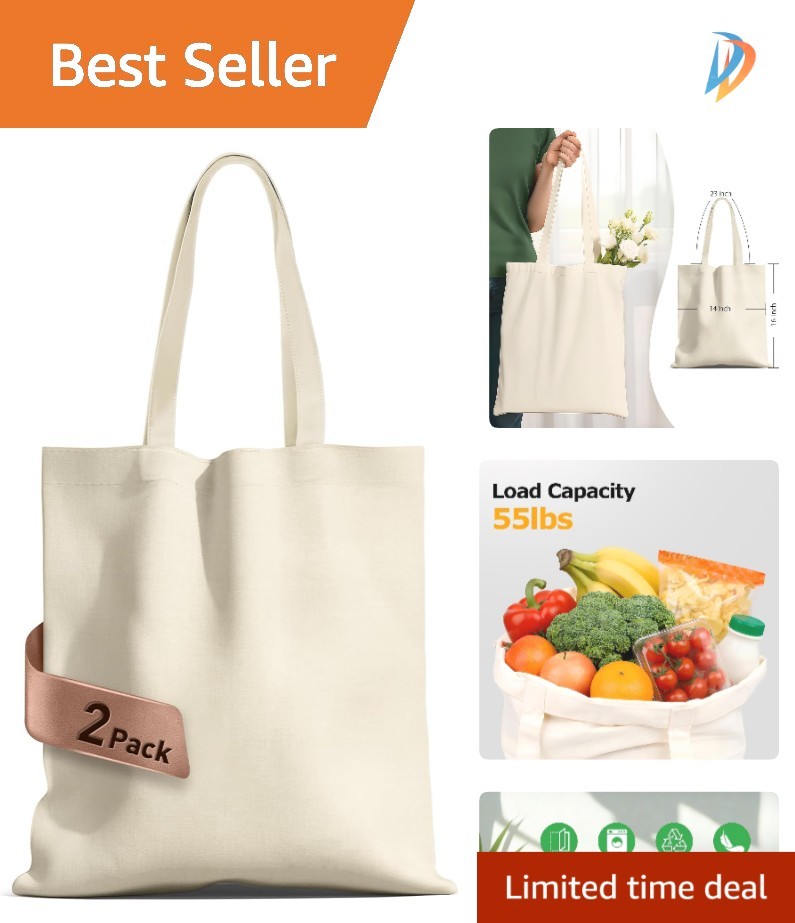 Reusable Canvas Tote Bags - 55 lb Capacity, Machine Washable, 2 Pack gallery