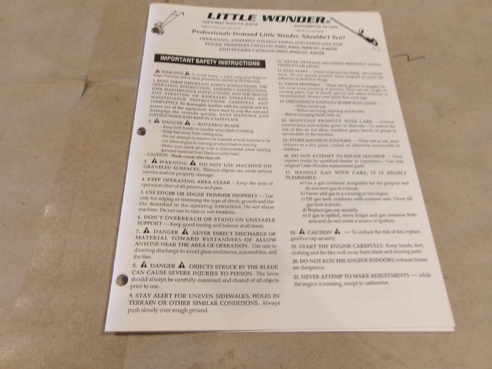 LITTLE WONDER OPERATING, ASSEMBLY INSTRUCTIONS AND PARTS LIST FOR EDGER TRIMMERS gallery