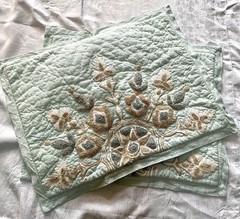 Soft Surroundings Robin Egg Blue Embroidered Crewel Quilt Standard Pillow Shams