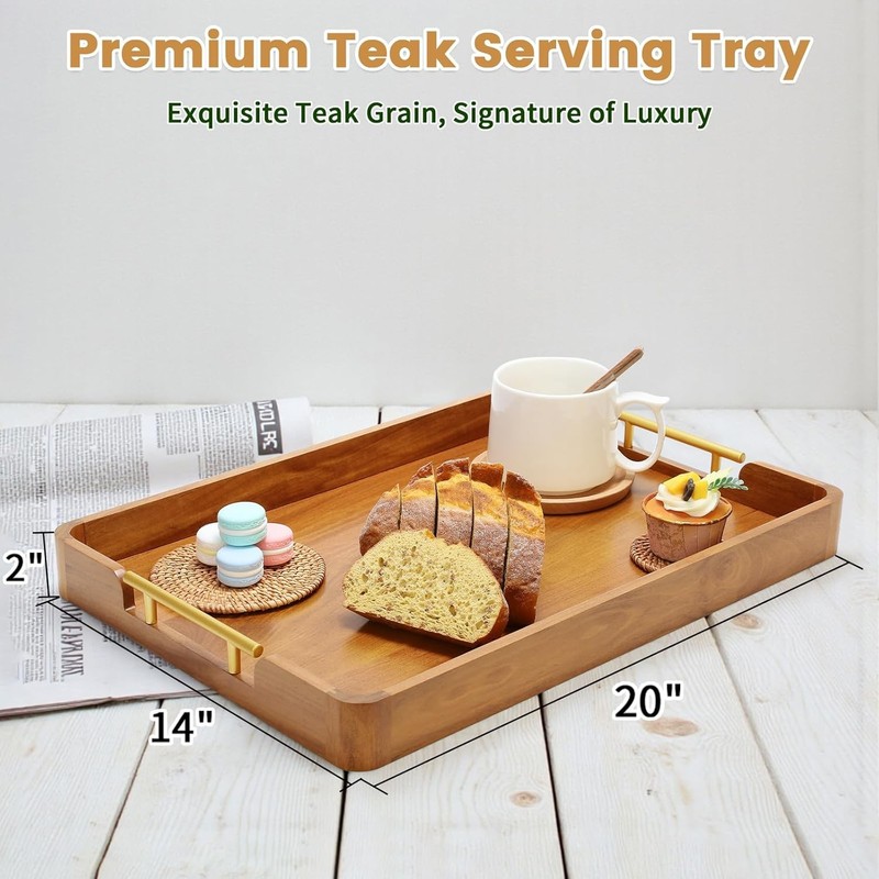 Solid Teak Wood Serving Tray with Handles 20"x14" Patters for Serving Food Party gallery