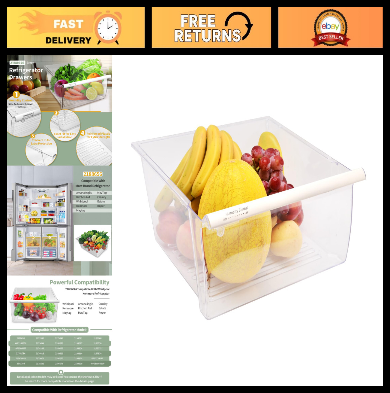 Crisper Drawer for Whirlpool & Kenmore Refrigerators - Upper Fridge Bin Replacem gallery