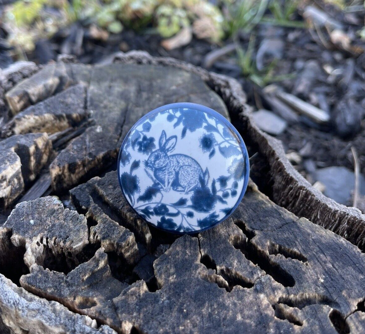 Bunny Rabbit Floral Ceramic Knob Drawer Pull Blue & White Nature Dutch Nursery gallery