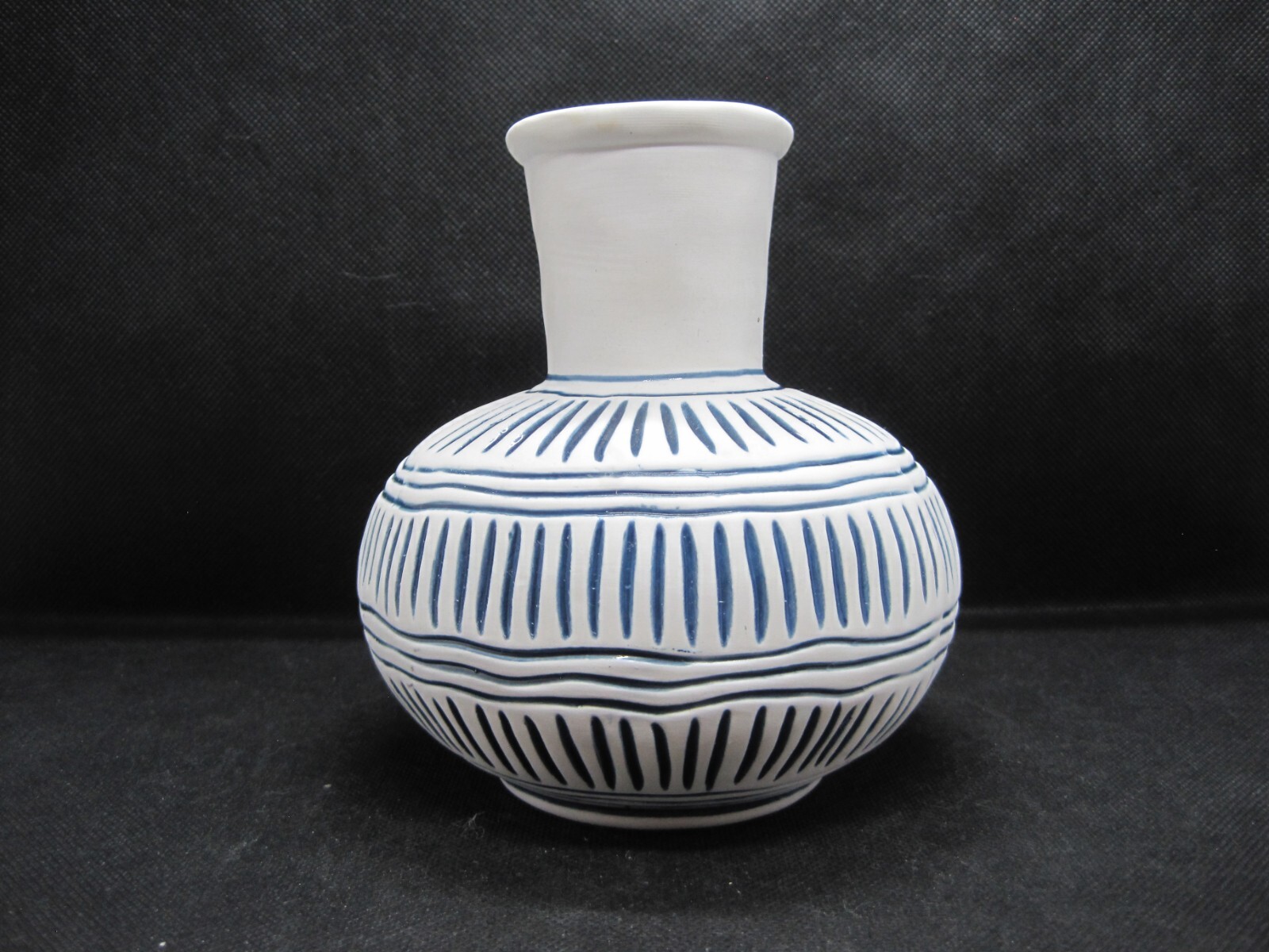 Matte White with Blue Horizontal and Vertical Lines Pot Belly Vase gallery