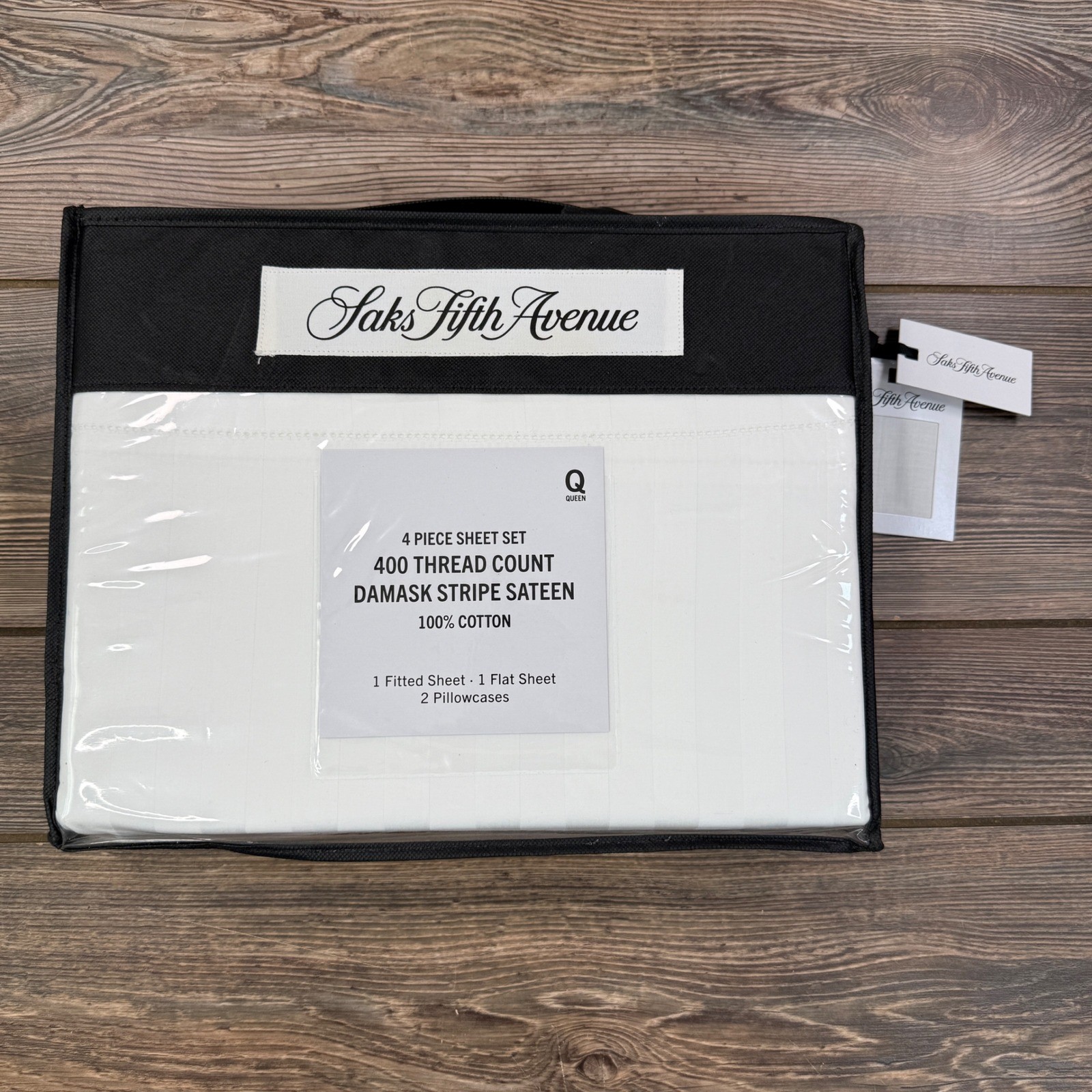 Saks Fifth Avenue Queen 4 PC Sheet Set White Damask Stripe Sateen 400TC NEW gallery