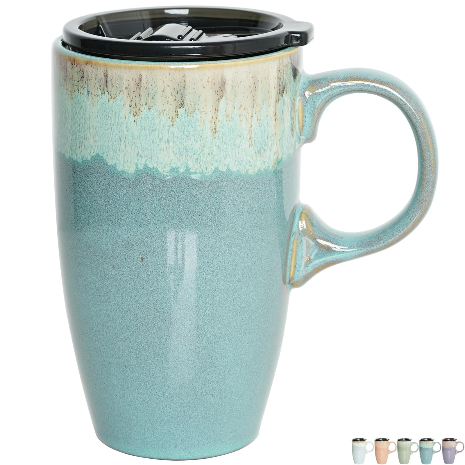 Ceramic Travel Coffee Mug with Handle and Lid, 18 oz, Portable Coffee Cup for... gallery