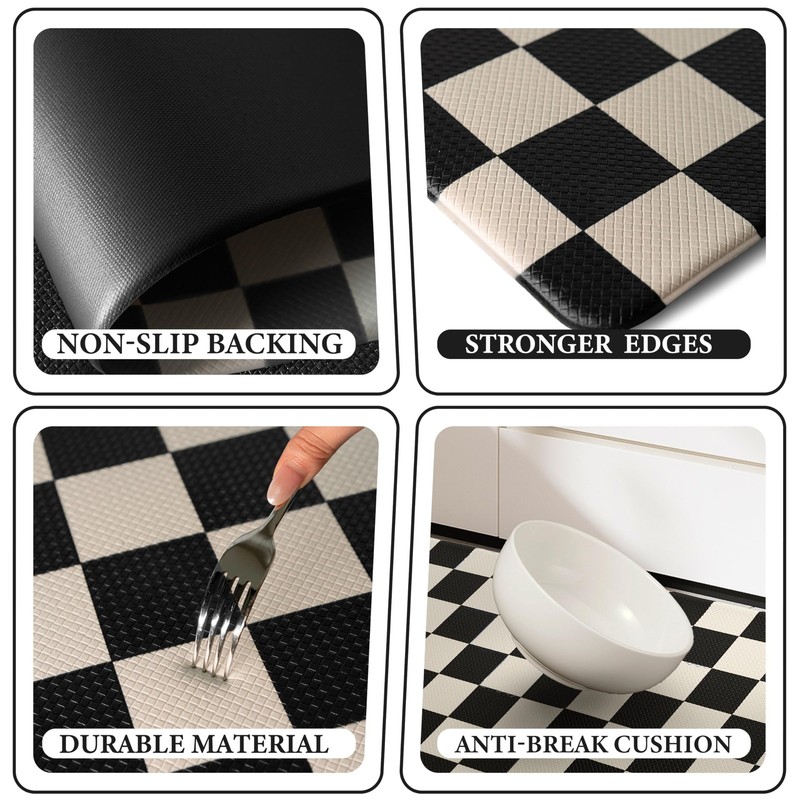 Beige Black Checkered Grid Checkerboard Kitchen Rug Sets [2 PCs], Anti gallery