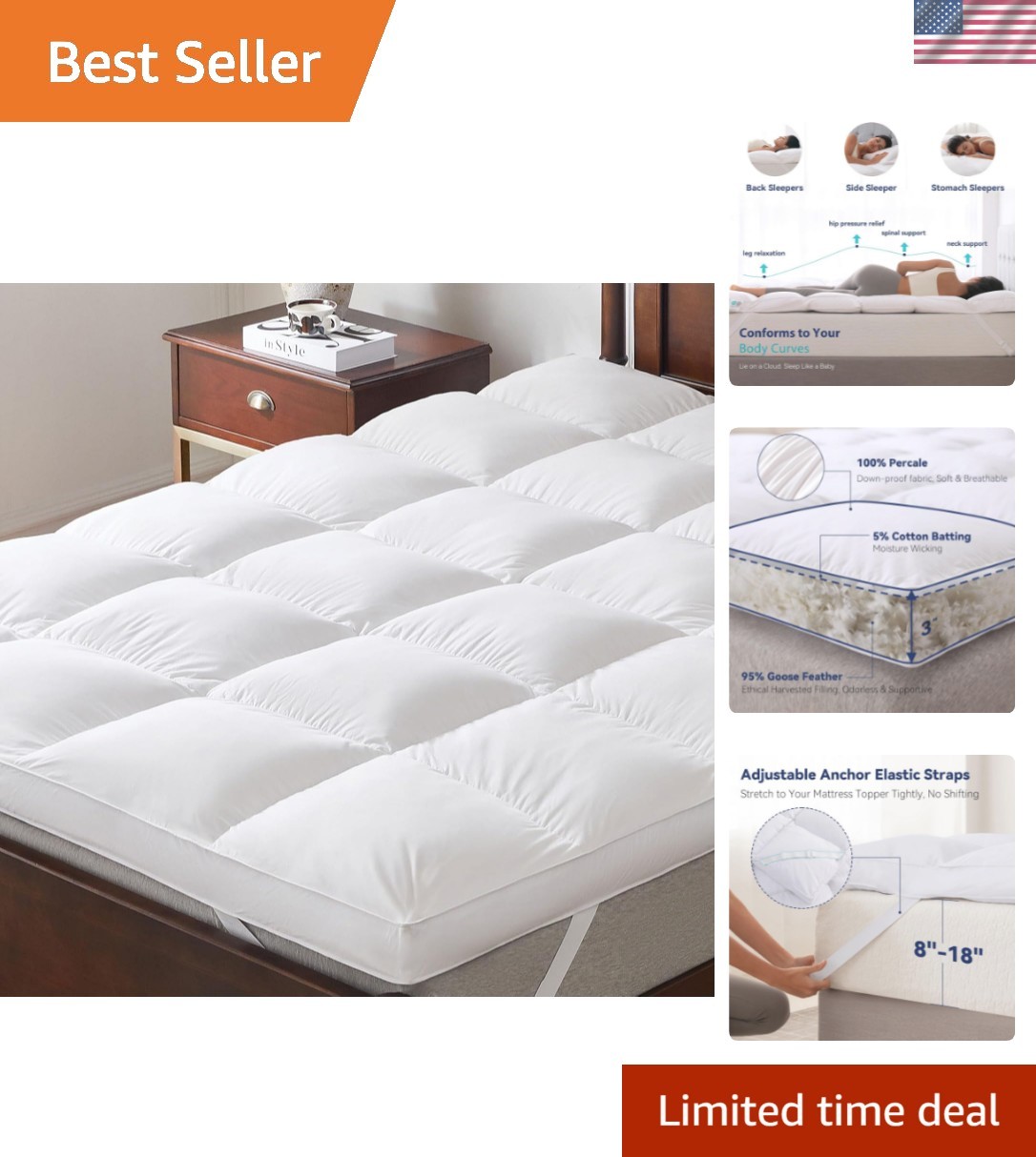 3 Inch White Goose Feather Mattress Topper,Queen Feather Bed Topper,Mattress ... gallery