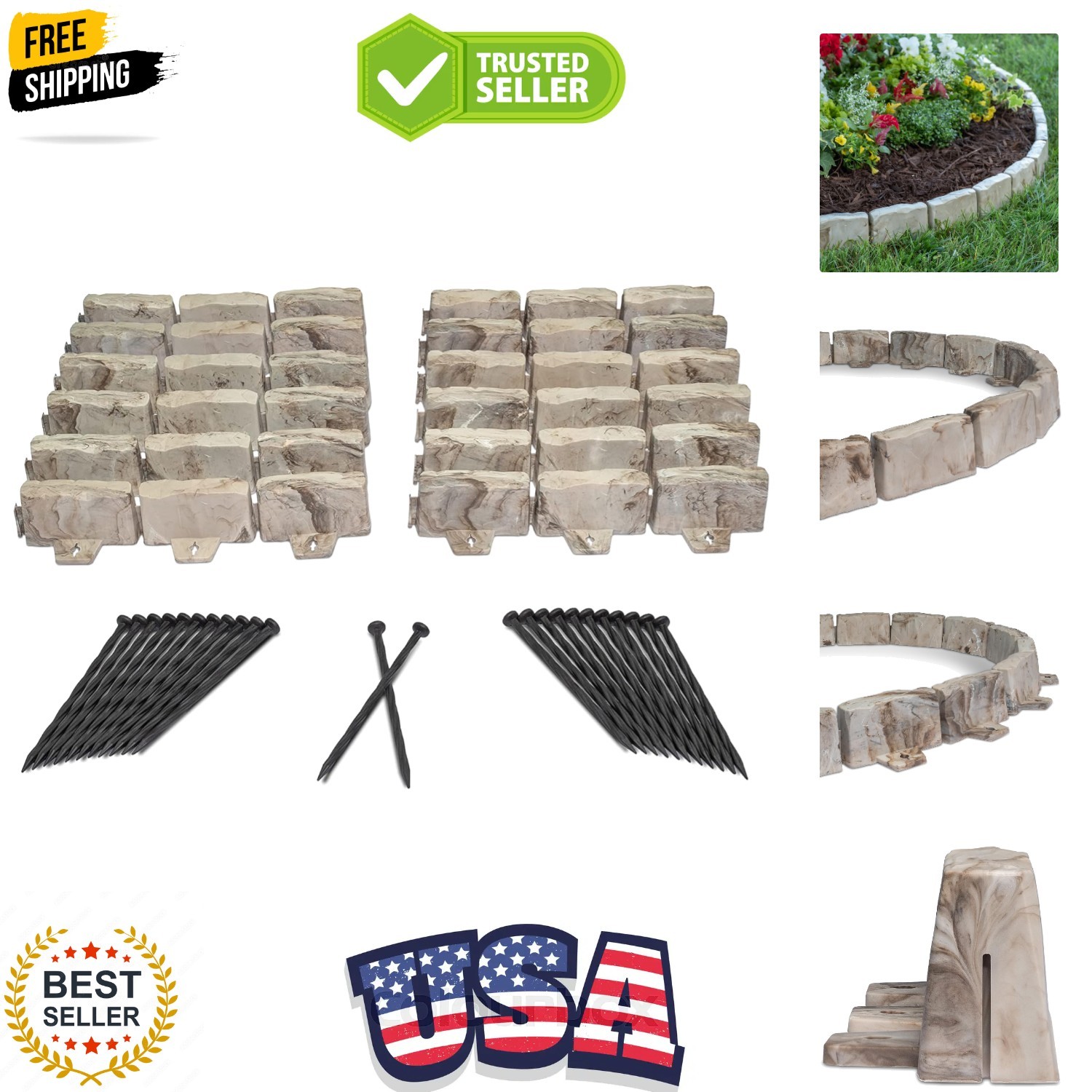 No-Dig Landscape Edging with Anchoring Spikes, 2.7 in Tall Decorative Stone-L... gallery