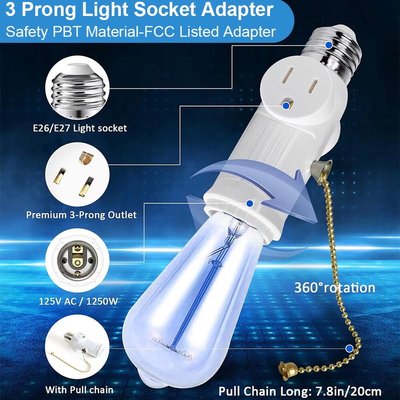 2 Pack Light Socket To Plug Adapter Pull Chain E26 Bulb Splitter Double 3 Prong gallery