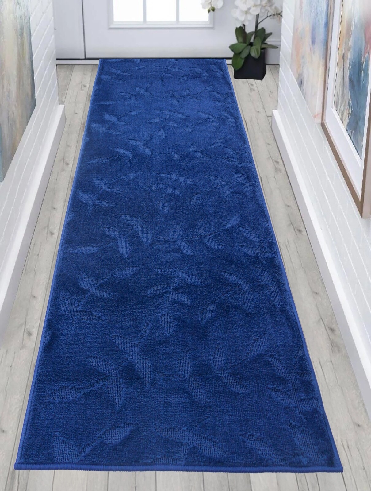 Custom Size Navy Leaves Floral Design Washable Runner Rugs 26" Wide by Feet Size gallery