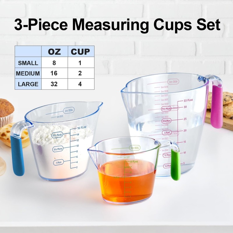 3 transparent plastic liquid measuring cups with dual ounce and milliliter gallery