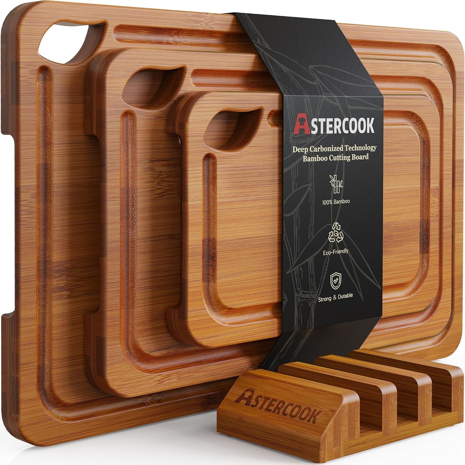 Astercook Bamboo Cutting Boards Set with Stand Reversible Juice Groove gallery