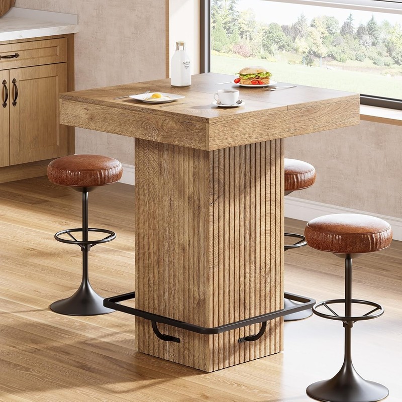 Square Bar Table Industrial Kitchen Pub Table with Metal Footrest for Home Bar gallery