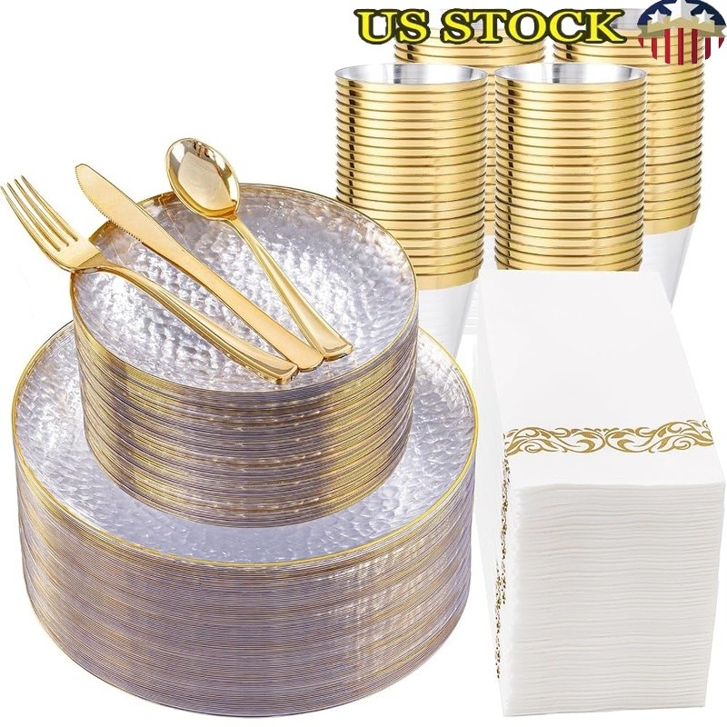 Hammered Plastic Plate Set 50 Count Elegant Disposable Tableware Parties Events