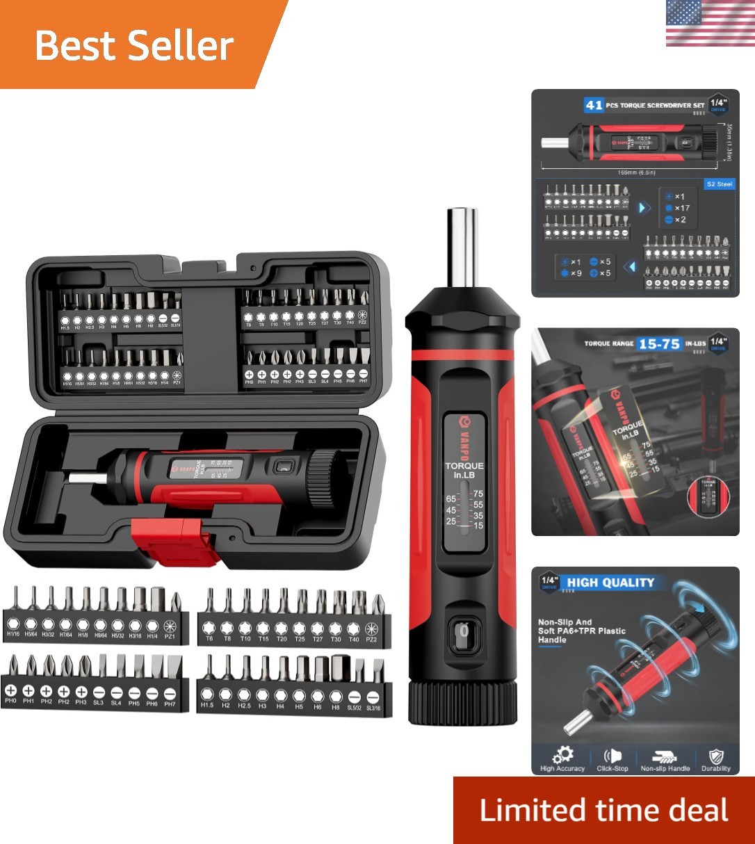 Torque Screwdriver, 15-75In-lb Torque Screw Driver Wrench Driver Set, 1/4'' D... gallery