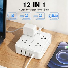 Flat Plug Power Strip with 8 Outlet Extension Cord 4 USB Port Surge Protector