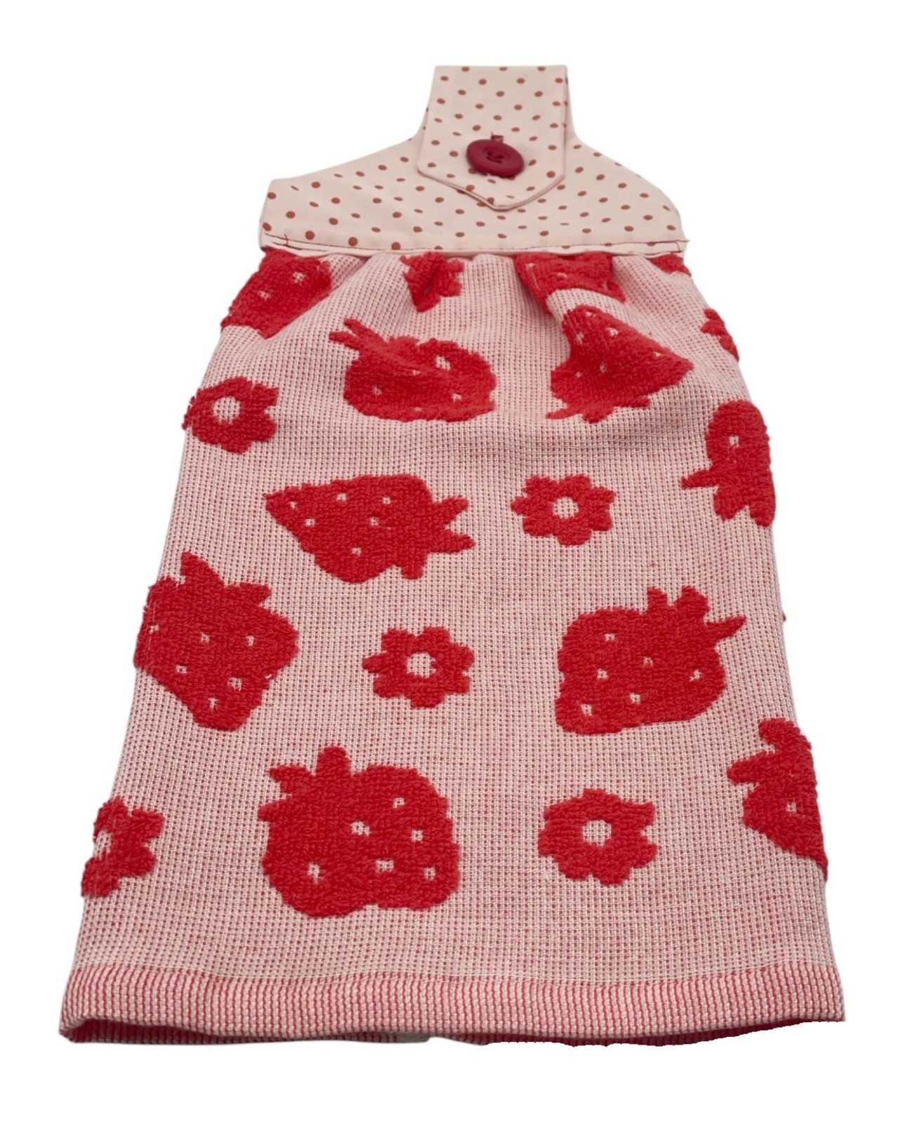 Handmade Strawberry Dishtowel With Red Embossed Strawberries on Pink Terry Towel gallery