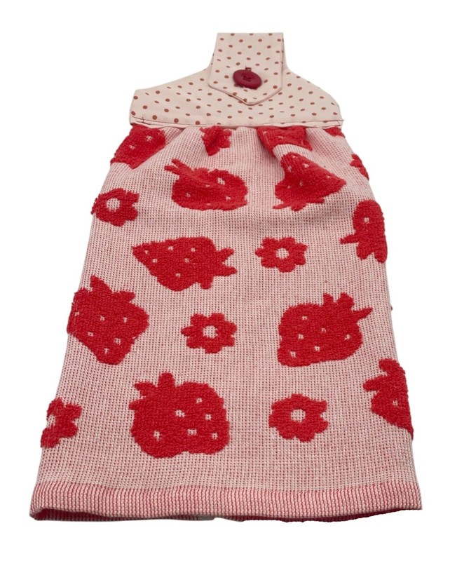Handmade Strawberry Dishtowel With Red Embossed Strawberries on Pink Terry Towel gallery