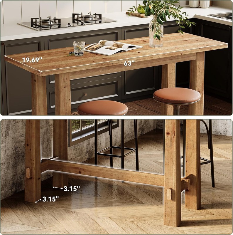 Solid Wood Bar Table, 63-Inch Counter Height Pub Table for Kitchen & Home Bar gallery