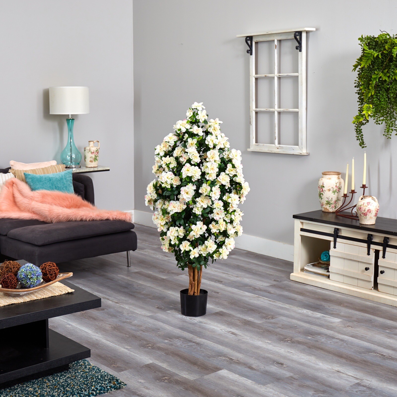 57” Azalea Artificial Flowering Tree with Natural Trunk Home Decor. Retail $179 gallery