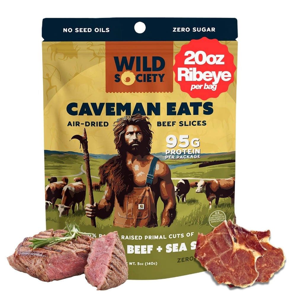 Wild Society - Caveman Eats - Grass Fed Ribeye Steak Slices - 95g Protein - O...
