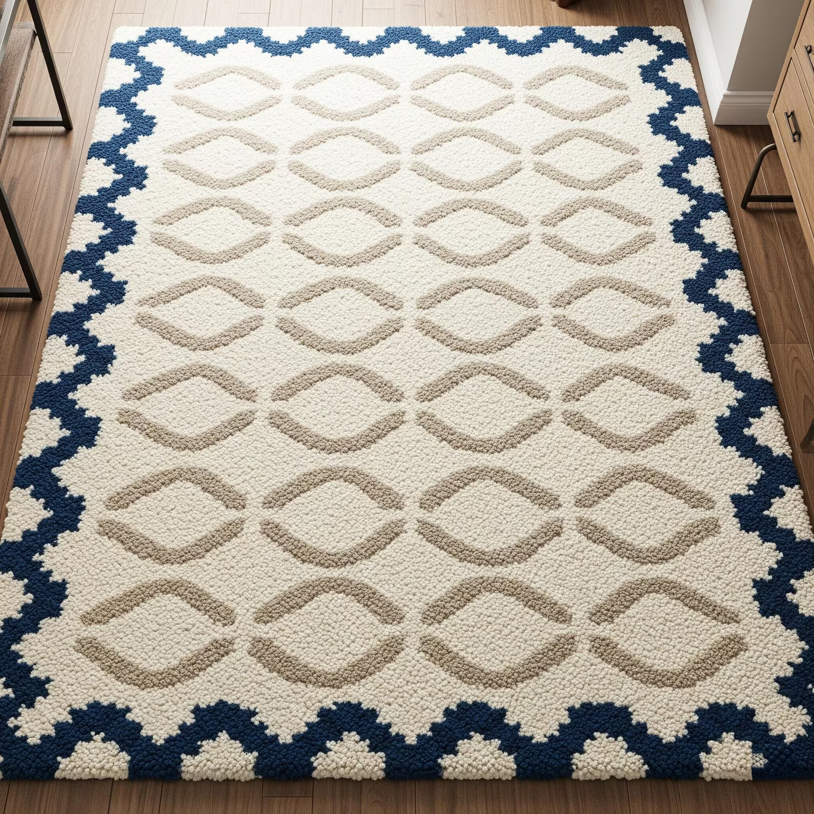 White Blue Beige Hand Tufted Rug, Modern Geometric Wool Area Rugs for Bedroom gallery